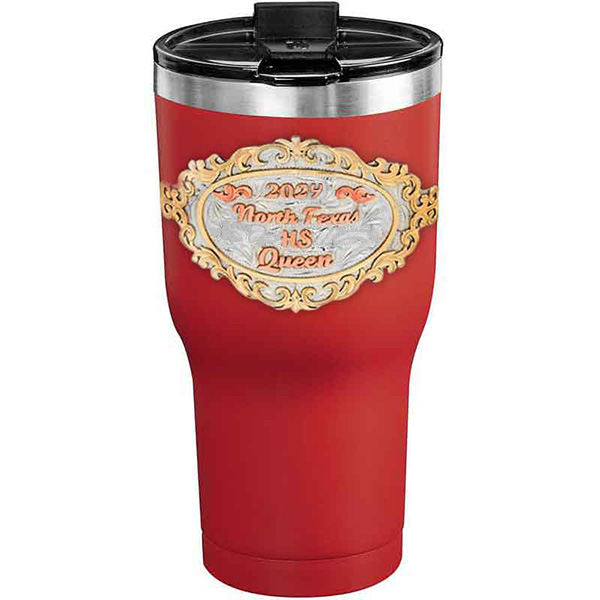 A customized tumbler made of stainless steel with a personalized engraved initials and North Texas High School Queen lettering, 30 oz, ideal for coffee or cool drinks